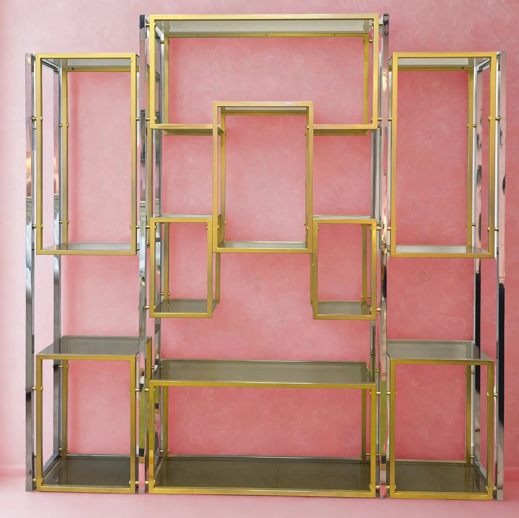 Grande étagère design en laiton, chrome et verre fumé, années 70 - Club Barbara