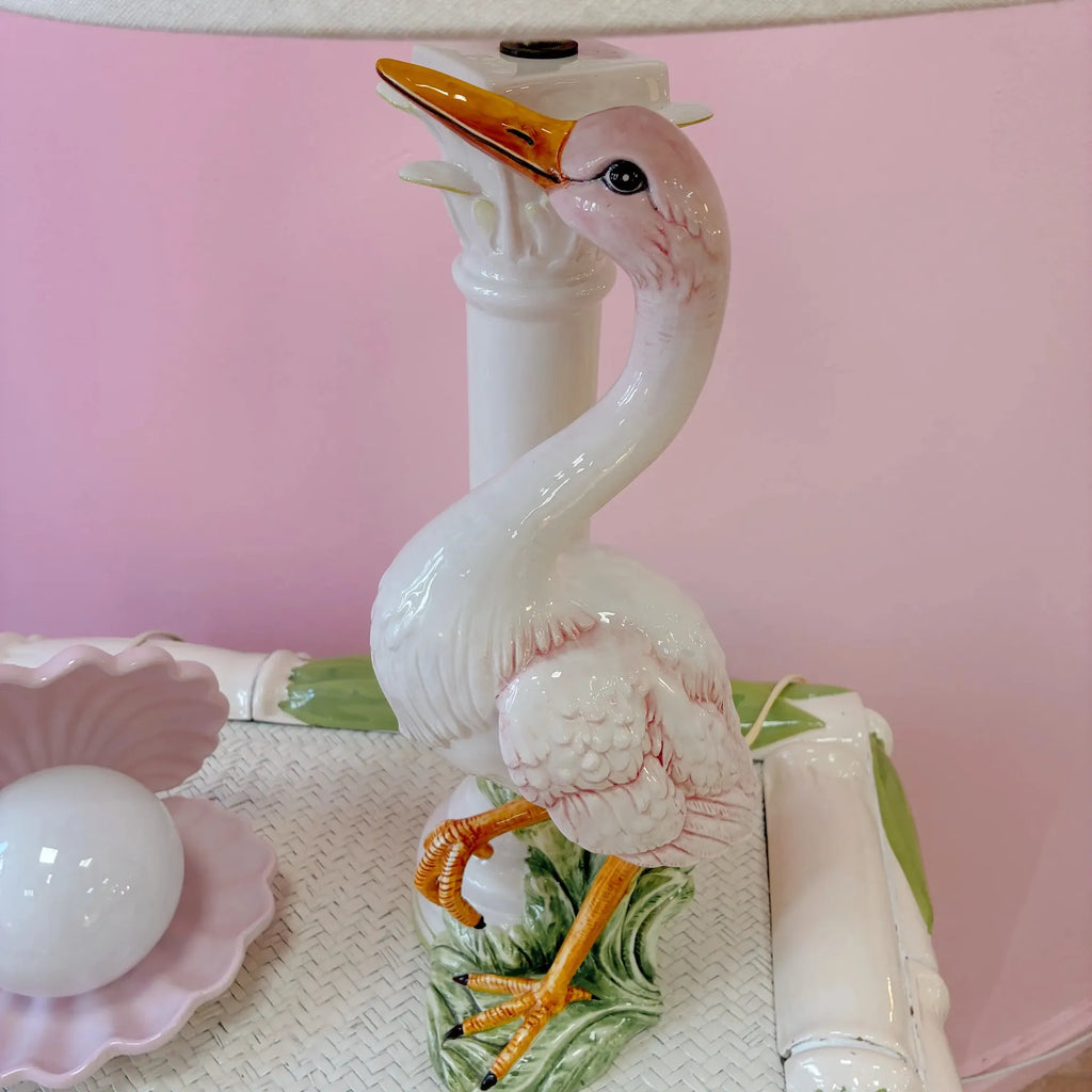 Grande lampe oiseau rose en céramique italienne signée Chaumette Paris, années 70 - Club Barbara