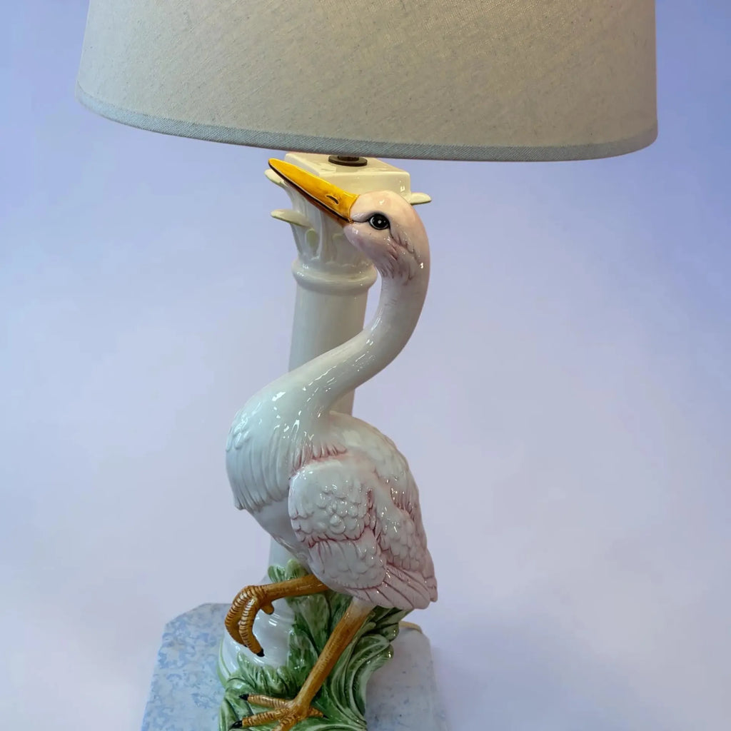 Grande lampe oiseau rose en céramique italienne signée Chaumette Paris, années 70 - Club Barbara