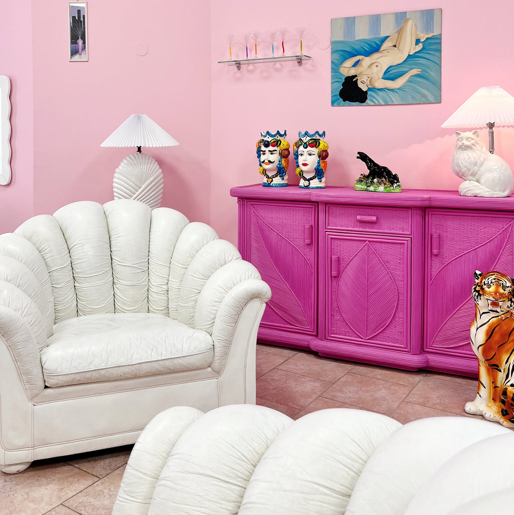 Ensemble canapé et fauteuil coquillage vintage en cuir blanc, années 70