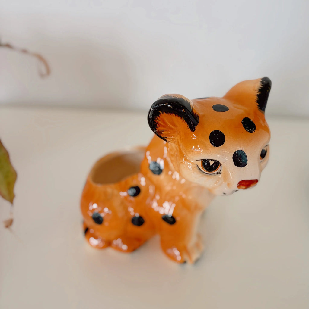 Cache pot léopard céramique vintage, peint à la main, années 70