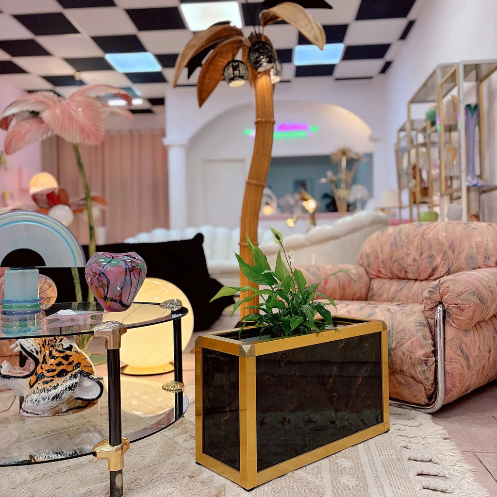 Jardinière vintage en altuglas effet écaille de tortue, métal doré, années 80 - Club Barbara
