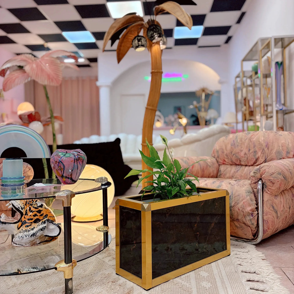 Jardinière vintage en altuglas effet écaille de tortue, métal doré, années 80 - Club Barbara