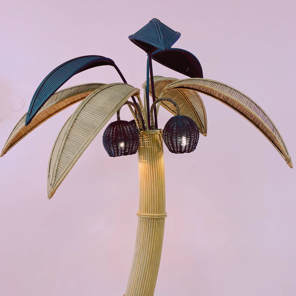 Lampadaire palmier cocotier en rotin, 3 lumières, vintage 70-80, 195 cm