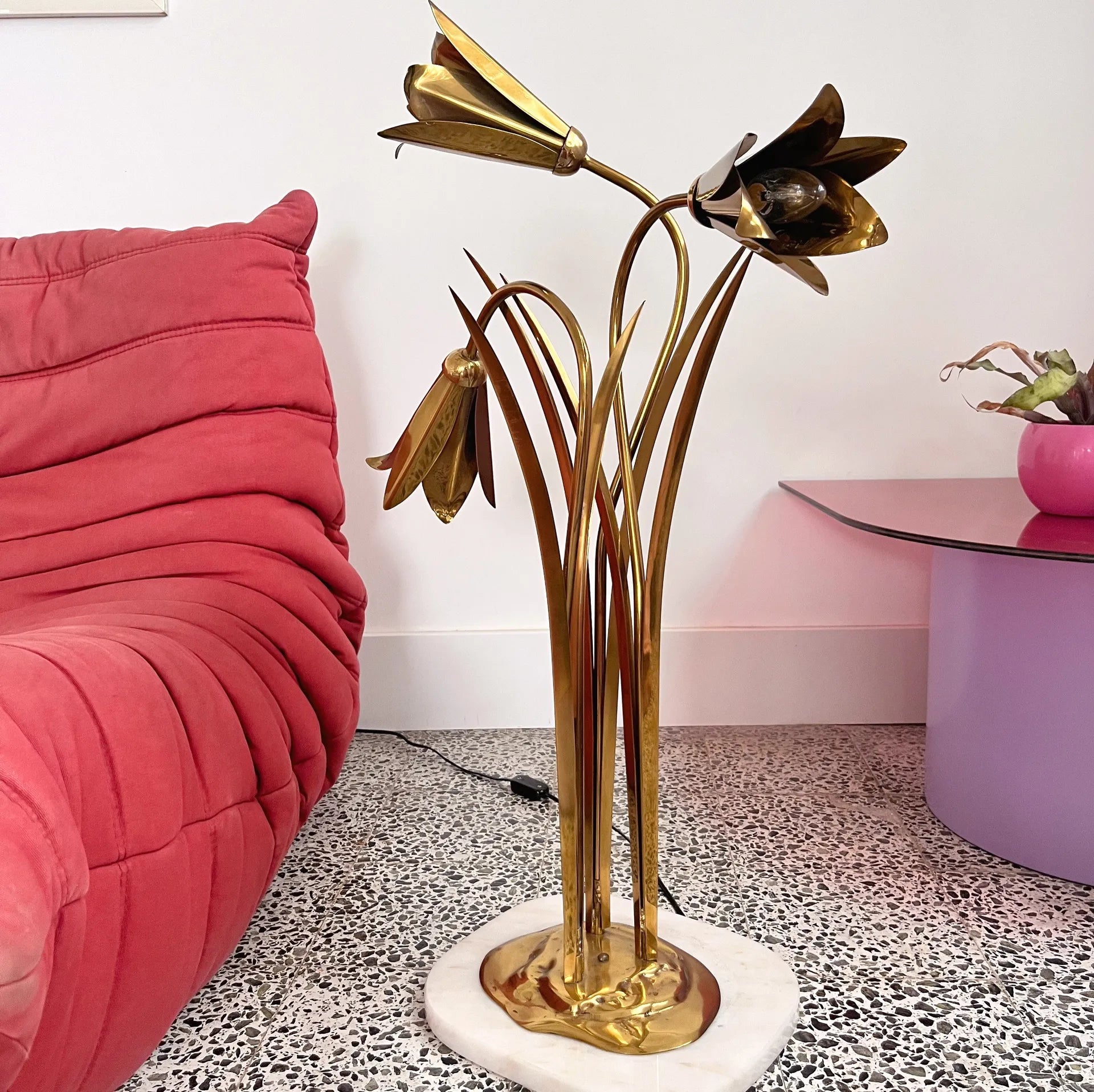 Lampadaire fleurs en laiton massif, socle marbre, années 70 - Club Barbara