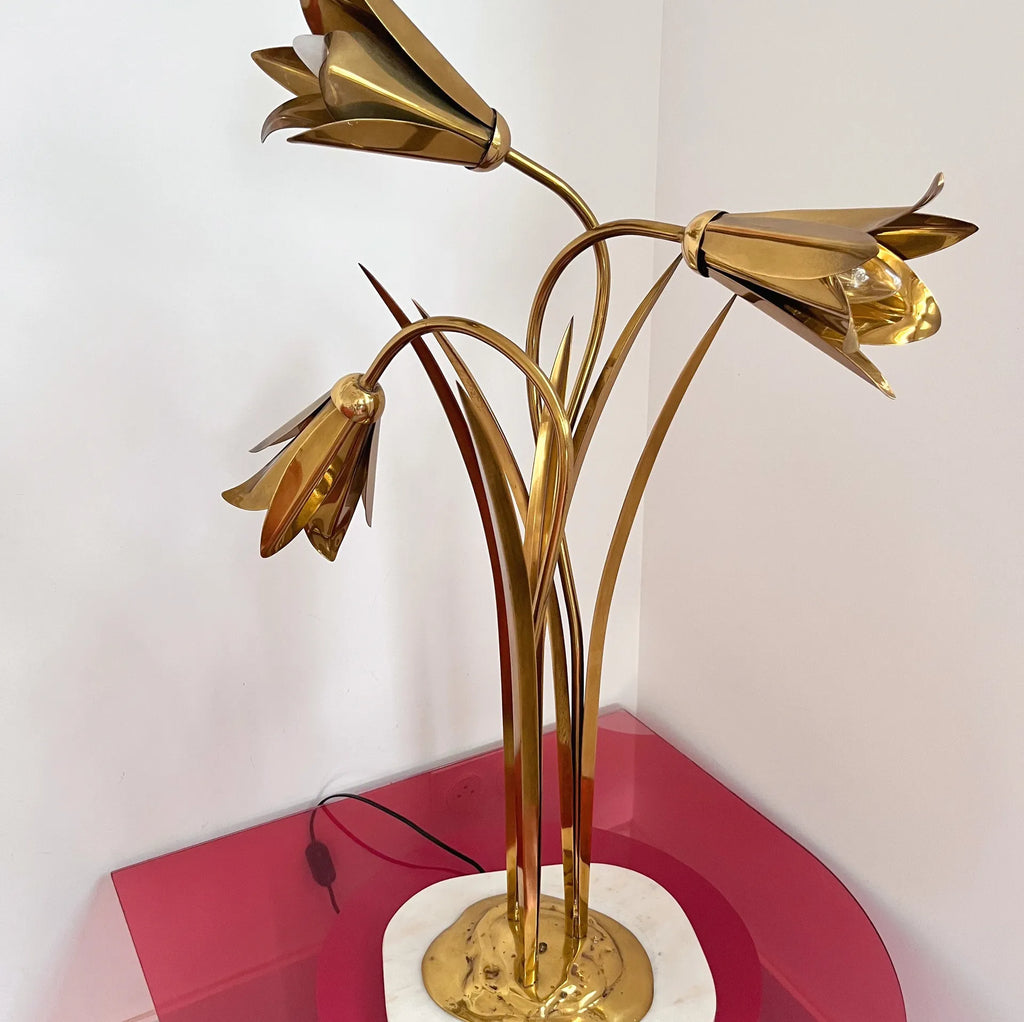 Lampadaire fleurs en laiton massif, socle marbre, années 70 - Club Barbara