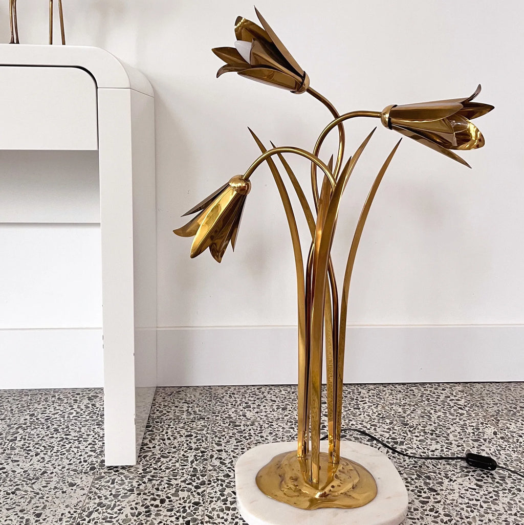 Lampadaire fleurs en laiton massif, socle marbre, années 70 - Club Barbara