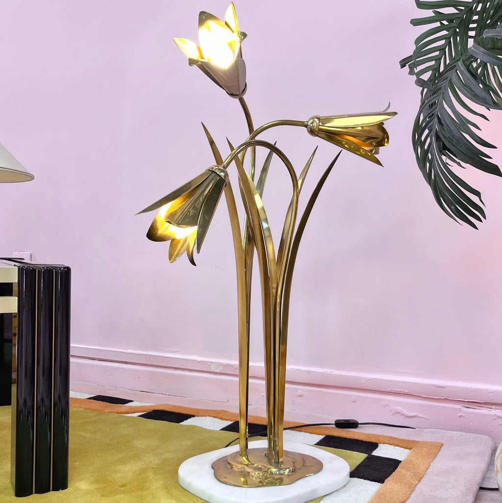 Lampadaire fleurs en laiton massif, socle marbre, années 70 - Club Barbara