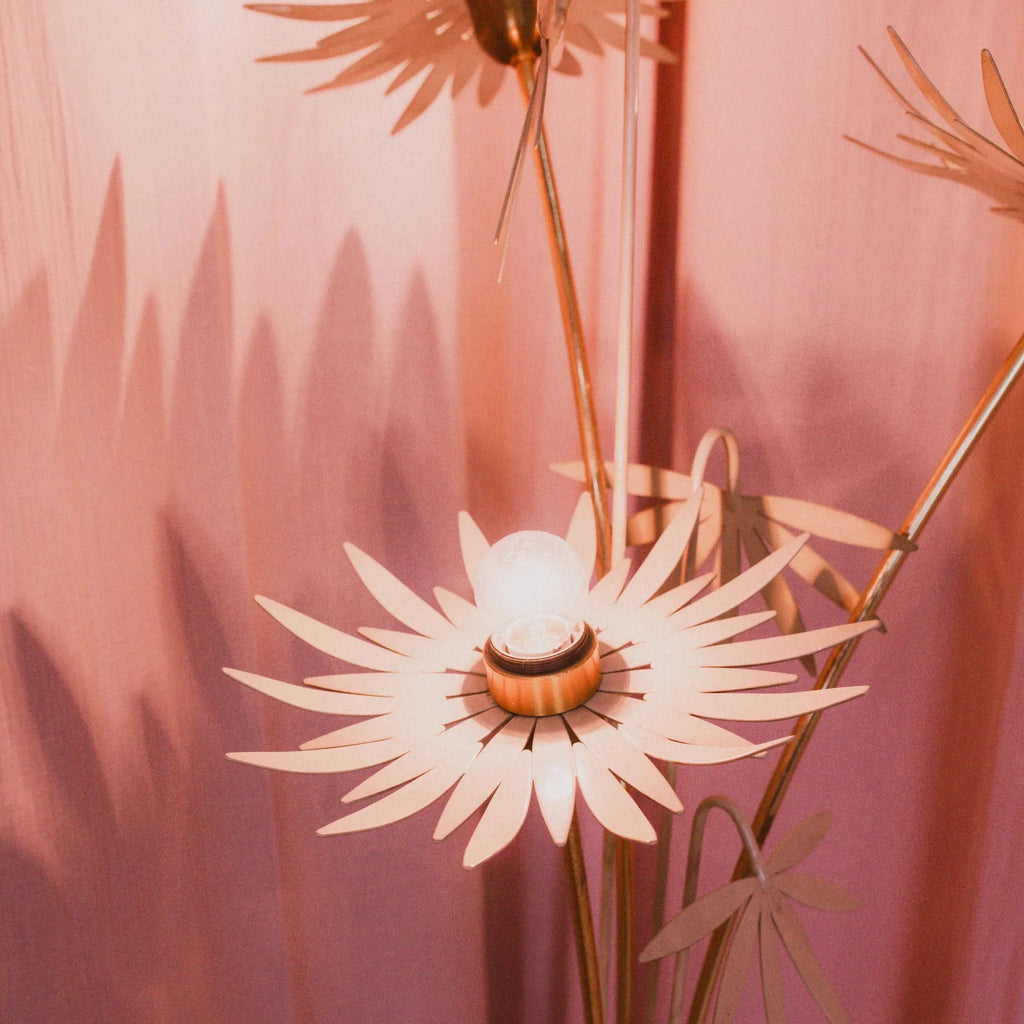 Lampadaire fleurs vintage en laiton doré, 3 lumières, Italie, années 70