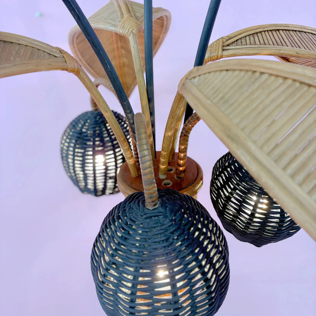 Lampadaire palmier cocotier en rotin, 3 lumières, vintage 70-80, 195 cm - Club Barbara