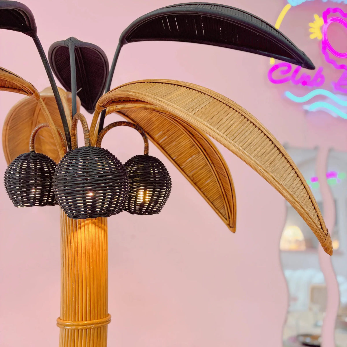 Lampadaire palmier cocotier en rotin, 3 lumières, vintage 70-80, 195 cm - Club Barbara