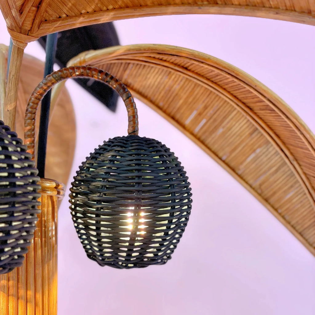 Lampadaire palmier cocotier en rotin, 3 lumières, vintage 70-80, 195 cm - Club Barbara