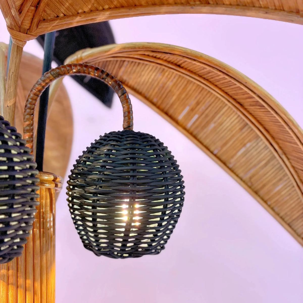Lampadaire palmier cocotier en rotin, 3 lumières, vintage 70-80, 195 cm - Club Barbara