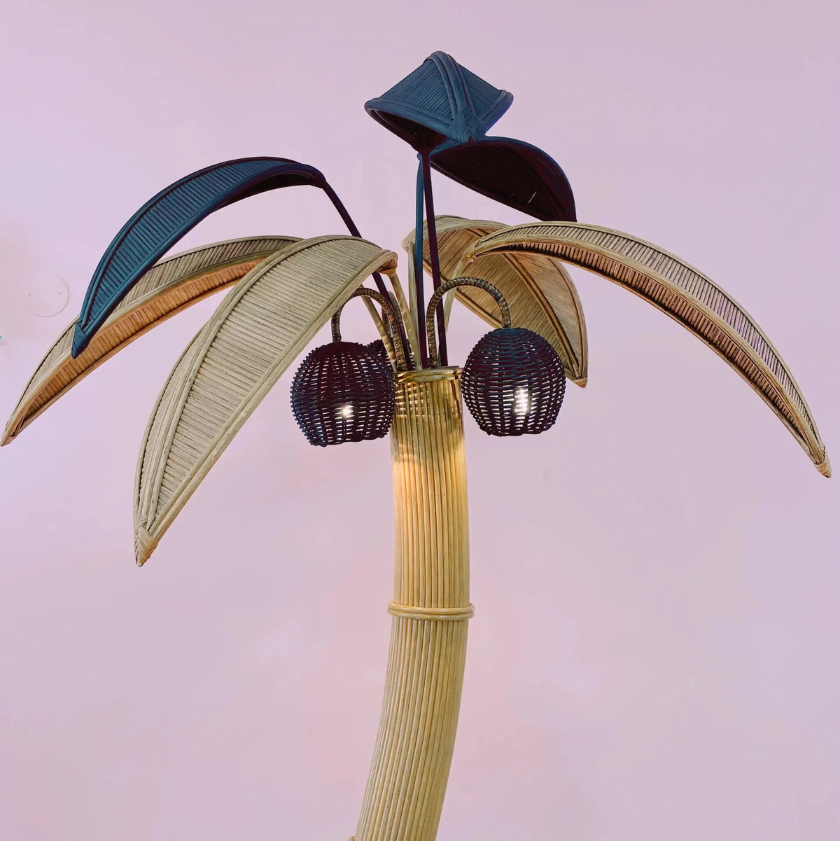 Lampadaire palmier cocotier en rotin, 3 lumières, vintage 70-80, 195 cm - Club Barbara