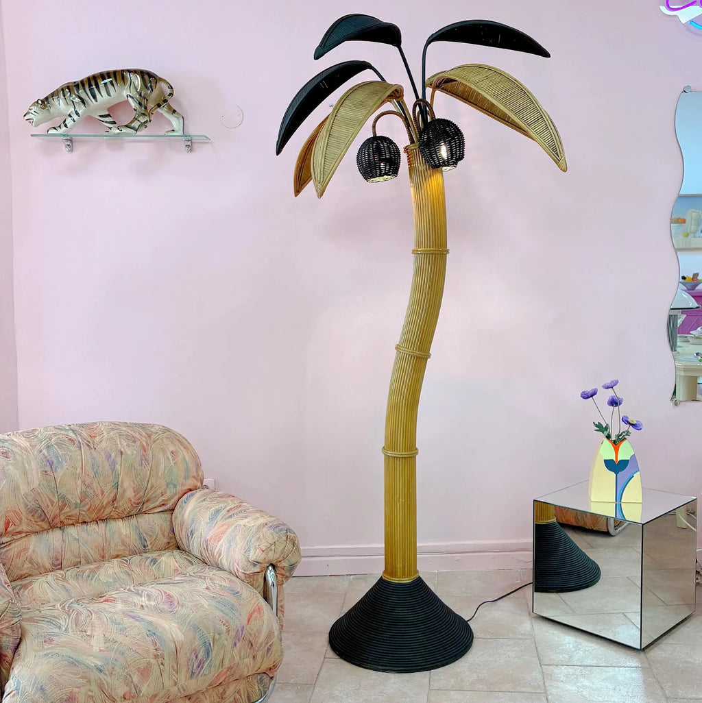 Lampadaire palmier cocotier en rotin, 3 lumières, vintage 70-80, 195 cm - Club Barbara