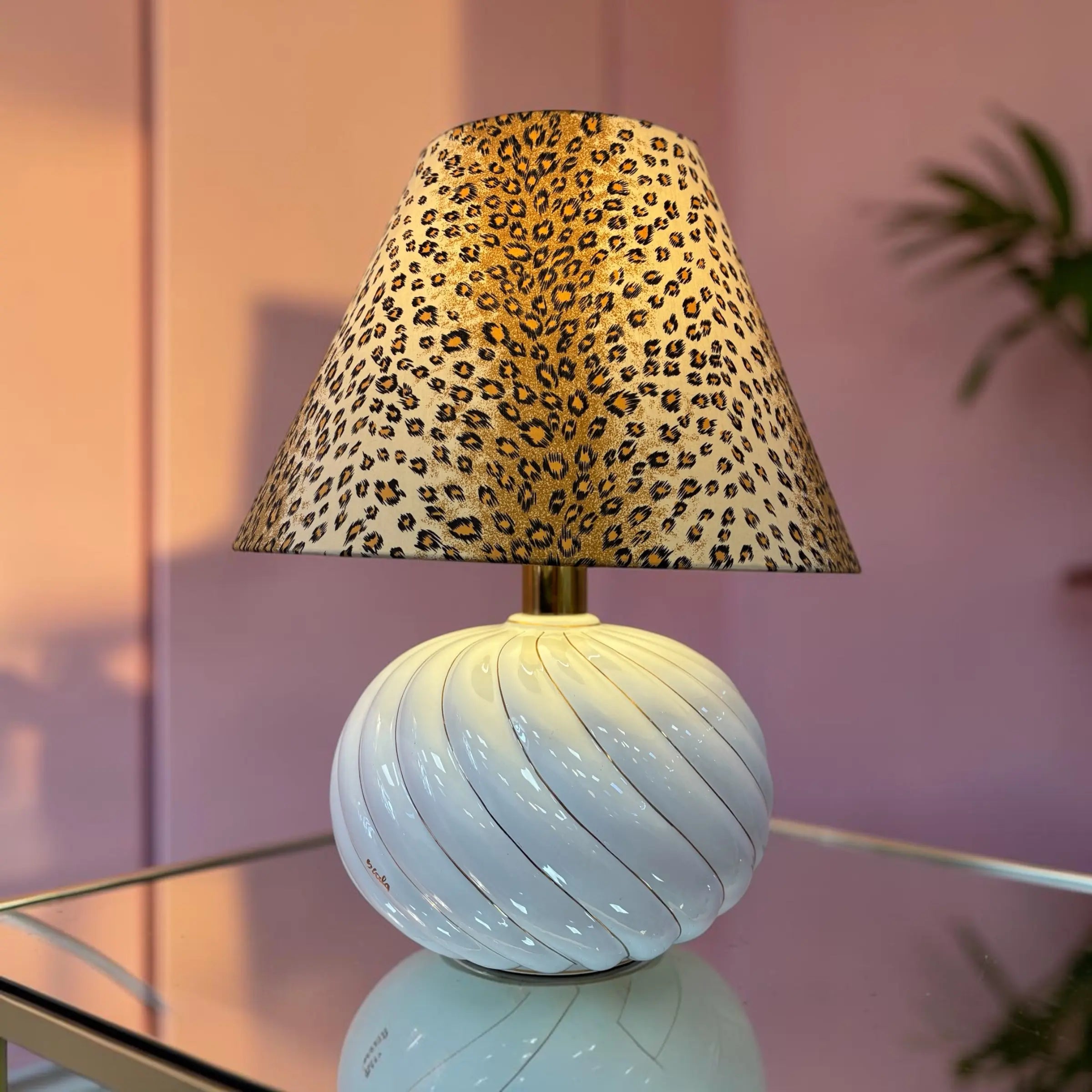 Grande lampe en céramique spirale italienne, abat-jour léopard vintage, manufacture Scarla, années 70