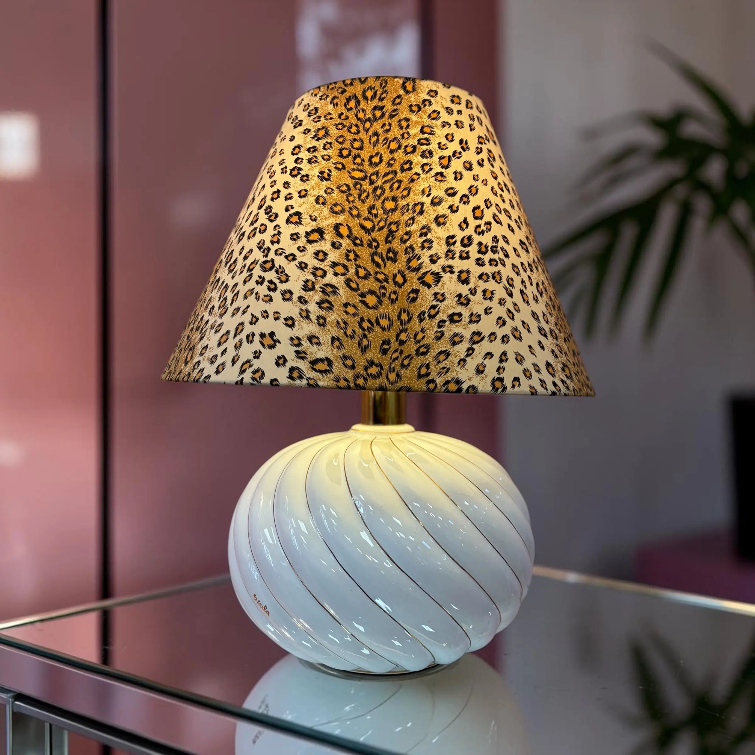 Grande lampe en céramique spirale italienne, abat-jour léopard vintage, manufacture Scarla, années 70