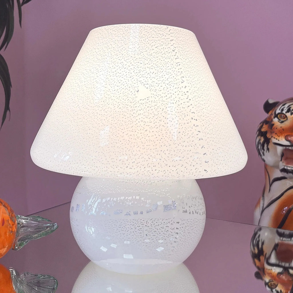 Lampe champignon en verre de Murano à feuilles d’argent, années 70 - Club Barbara