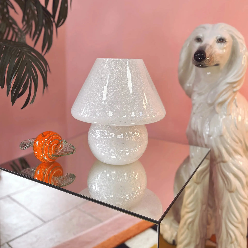 Lampe champignon en verre de Murano à feuilles d’argent, années 70 - Club Barbara