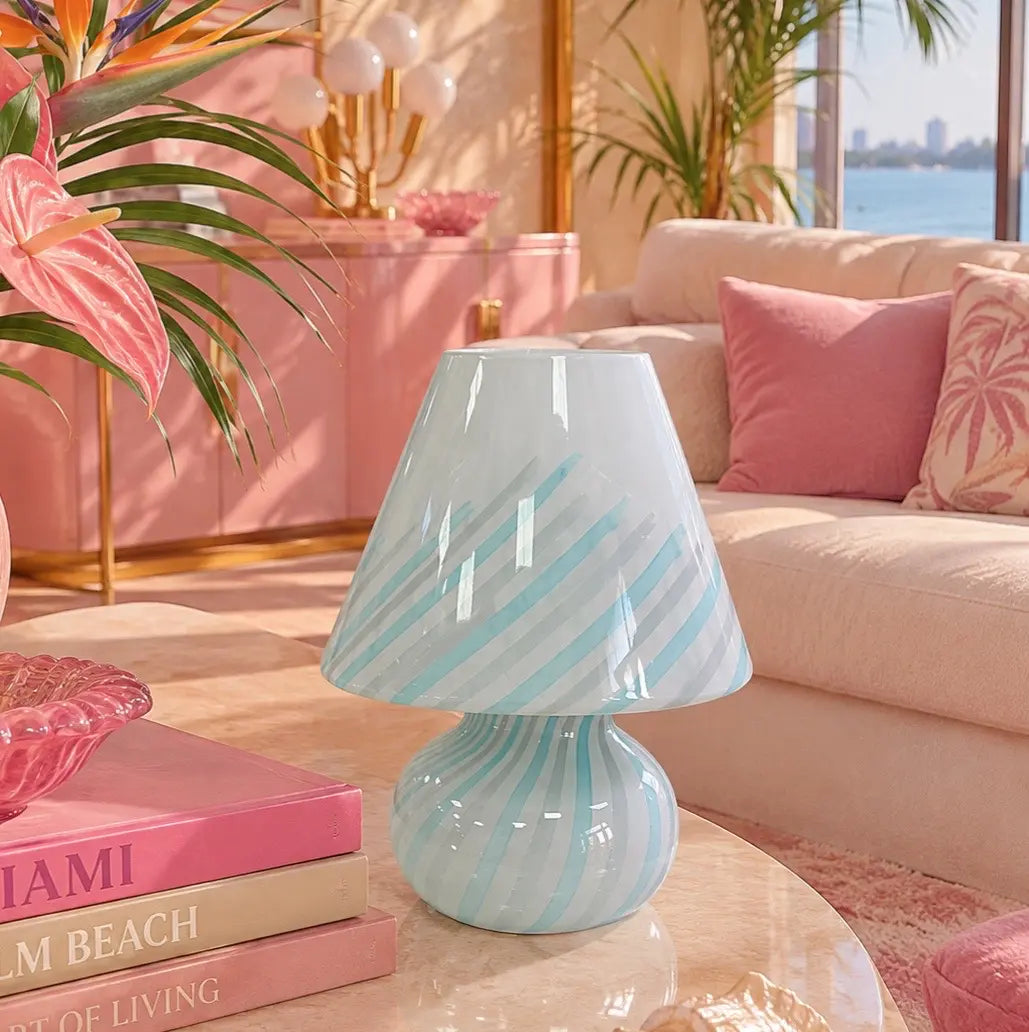 Lampe champignon Murano vintage, verre soufflé blanc à spirale bleu pastel, années 70