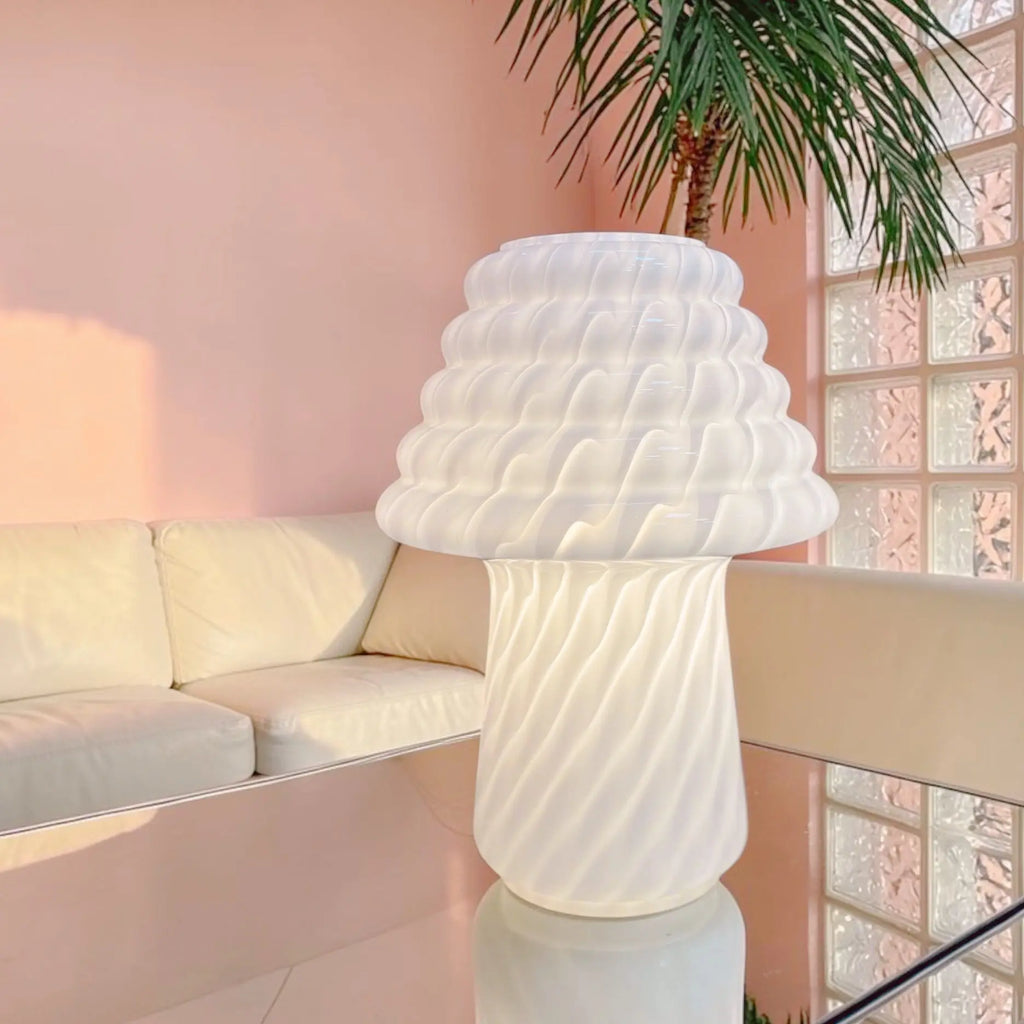 Lampe champignon italienne vintage, verre opalin lattimo torsadé, années 1980