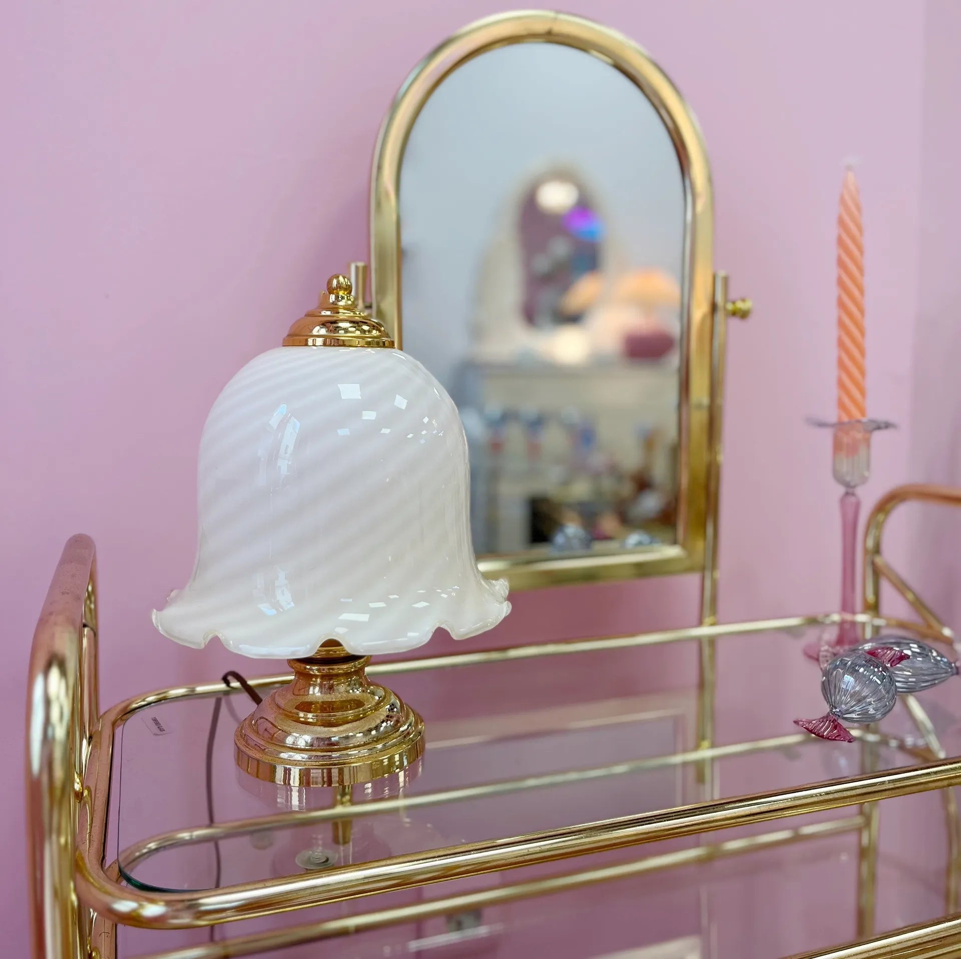 Lampe Cloche en Verre Torsadé – Métal Doré, Années 70 - Club Barbara