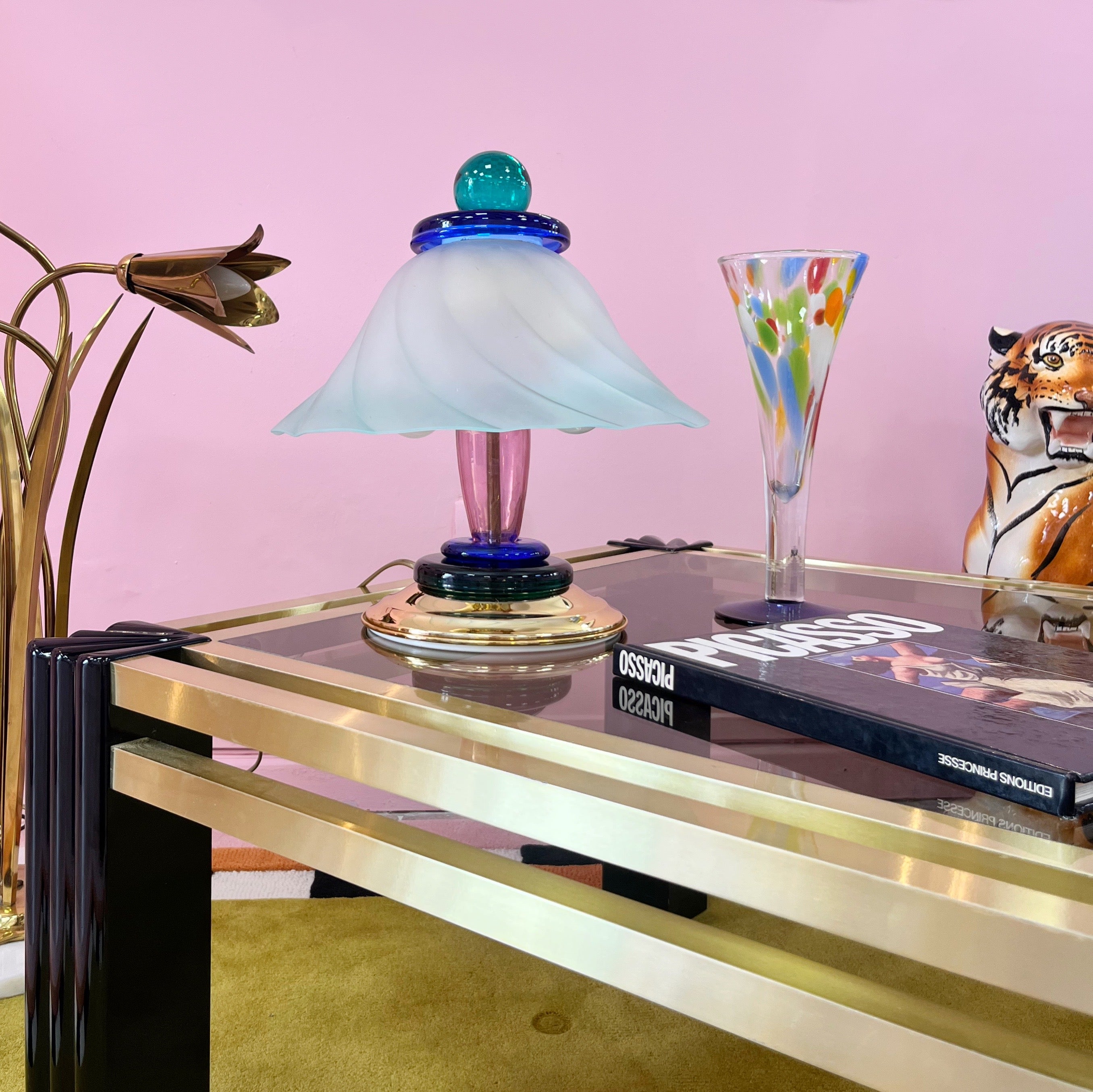 Lampe de Table Polychrome en Verre et Laiton, Italie, Années 80