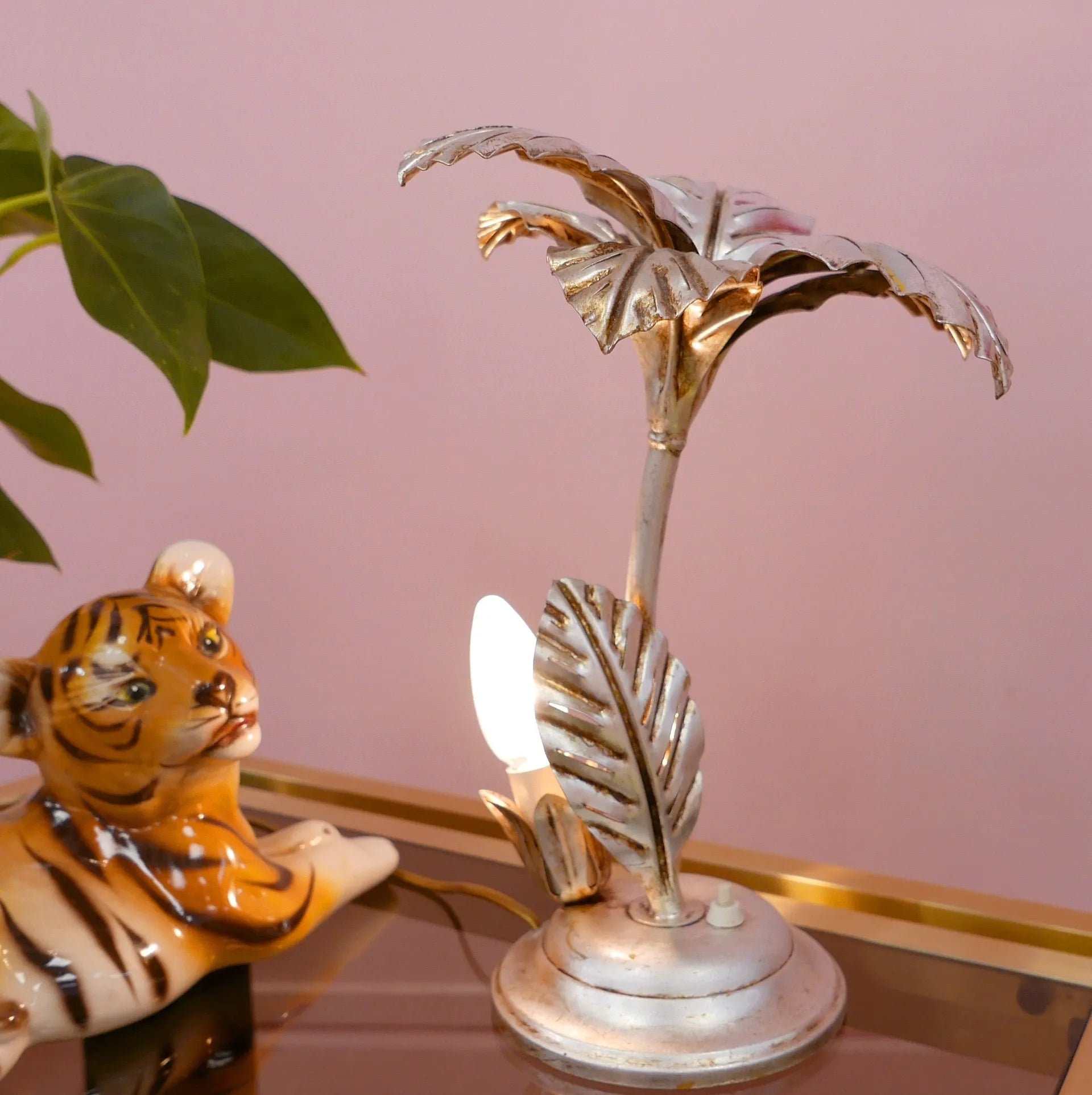 Lampe de table Palmier argent, Design Hollywood Regency, Années 70 - Club Barbara