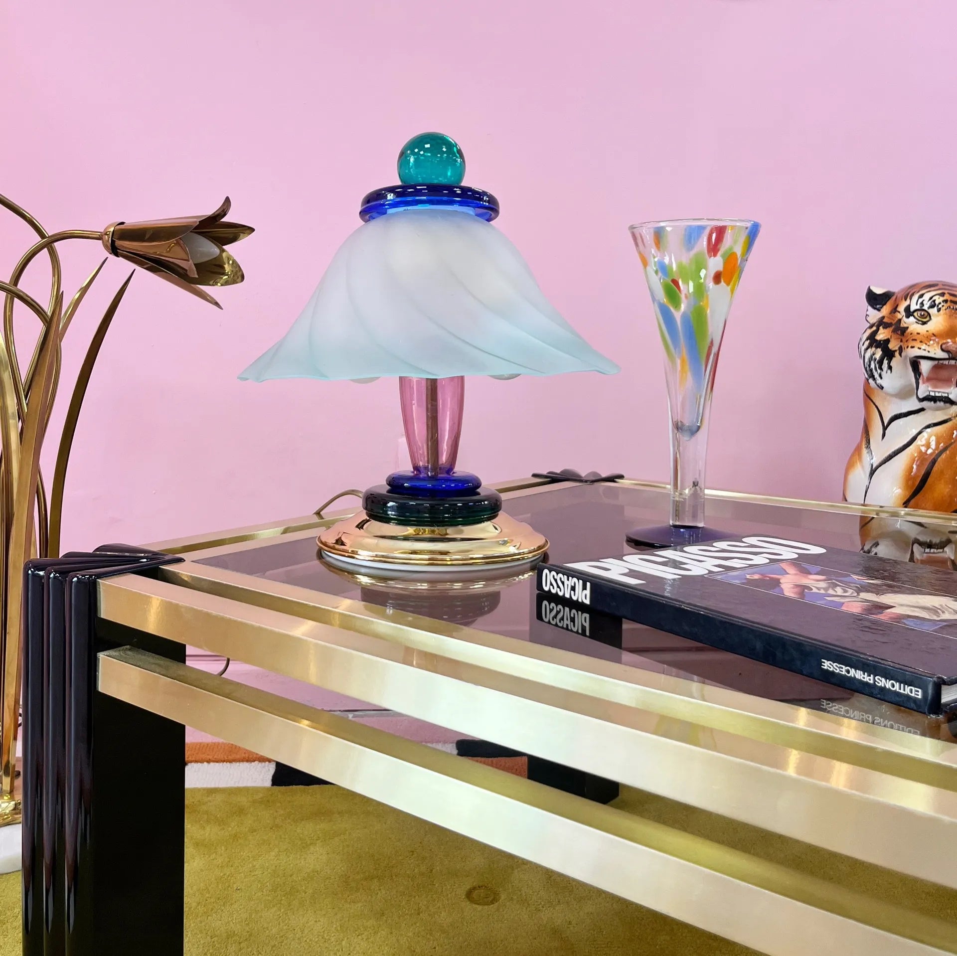 Lampe de Table Polychrome en Verre et Laiton, Italie, Années 80 - Club Barbara