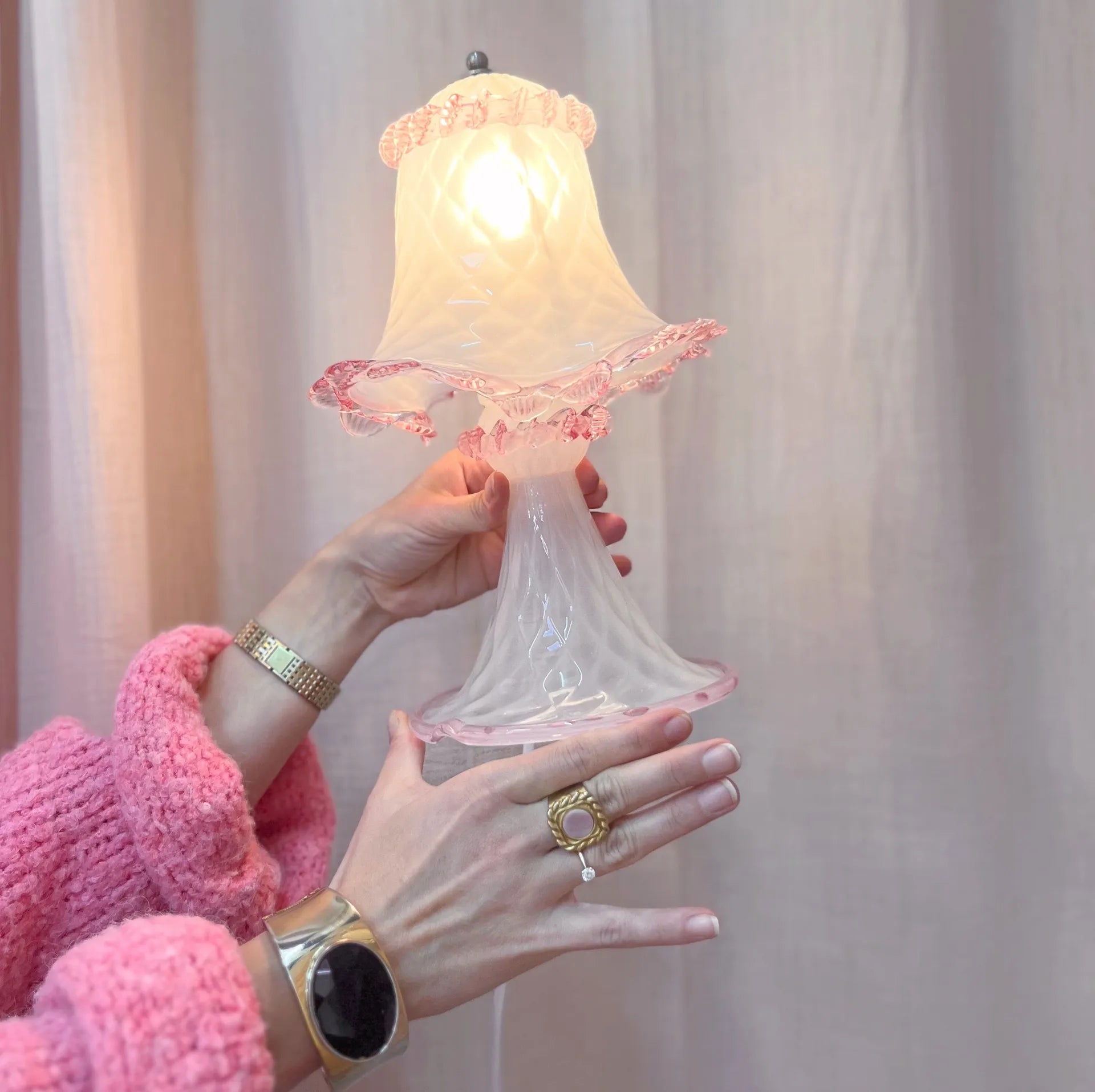 Lampe en verre de Murano rose et blanc, années 80 - Club Barbara