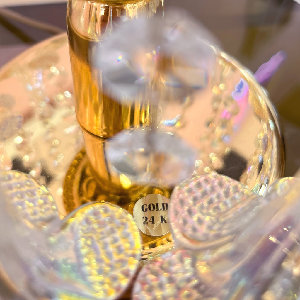 Lampe pampilles & fleurs en verre, Plaqué or 24k, Années 70