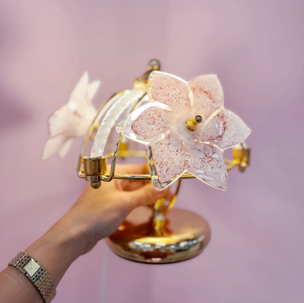 Lampe fleurs en laiton & verre de Murano ritòrto rose, Italie, 1970–80 - Club Barbara