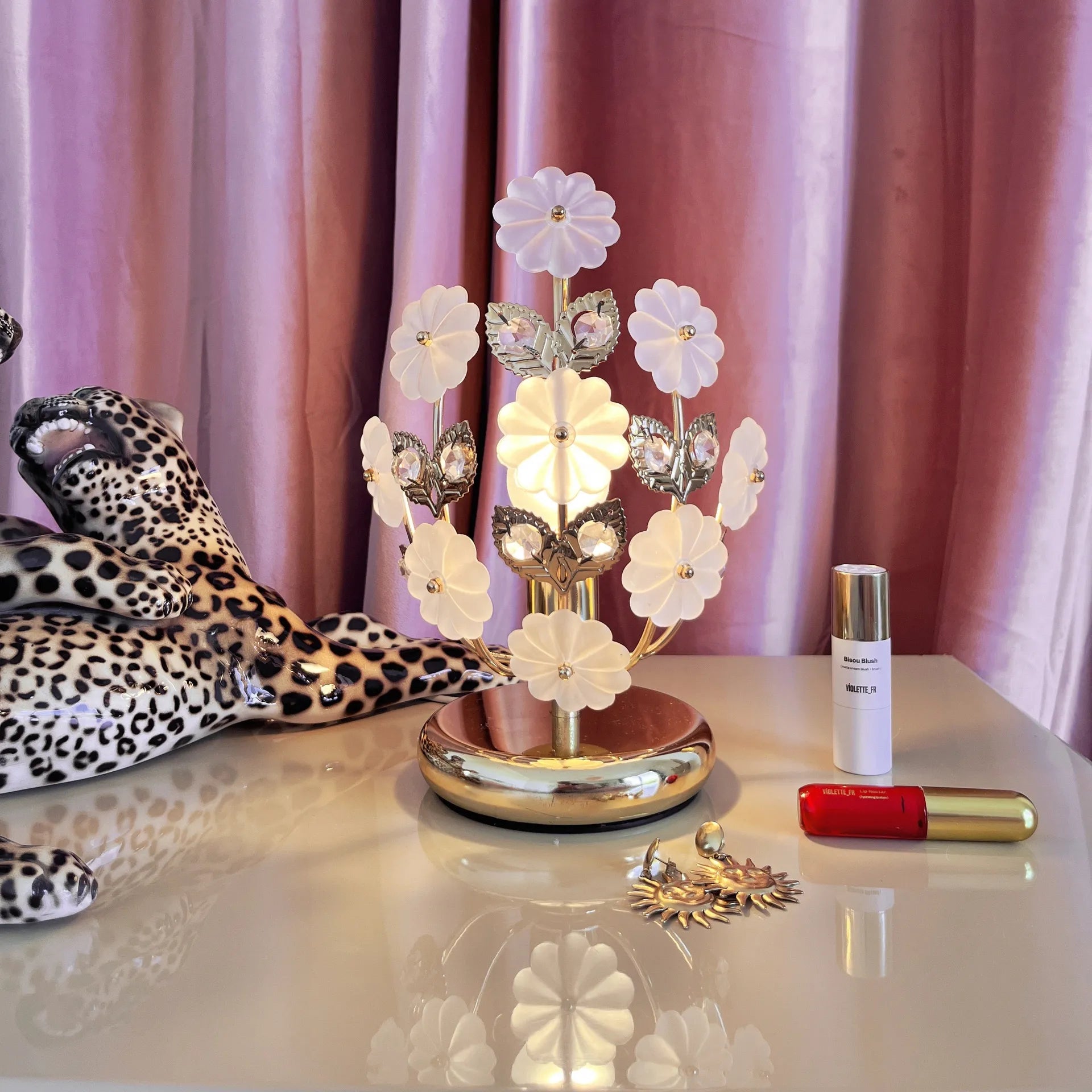 Lampe fleurs en laiton & verre dépoli, made in Italy, années 70 - Club Barbara