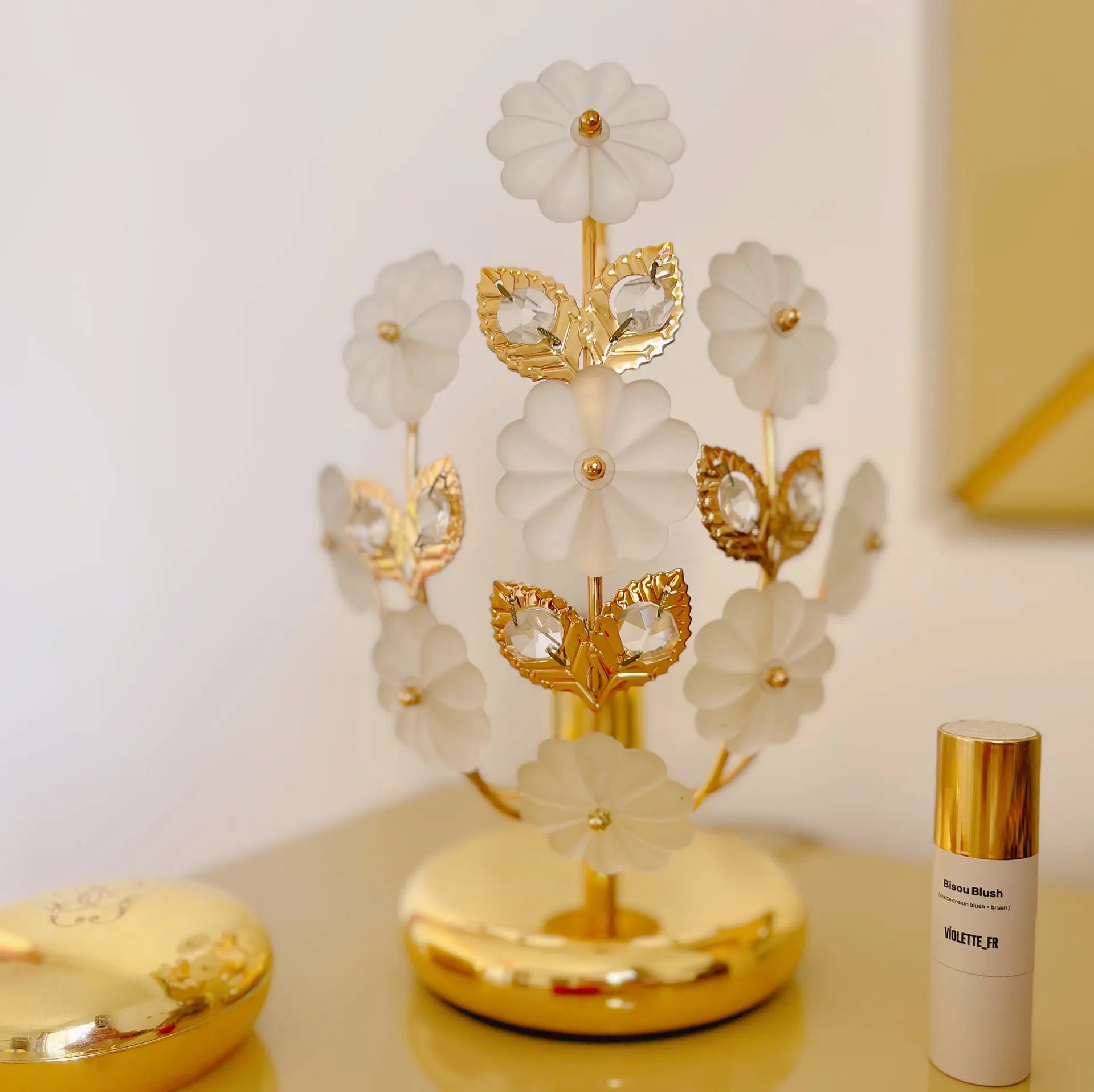 Lampe fleurs en laiton & verre dépoli, made in Italy, années 70 - Club Barbara