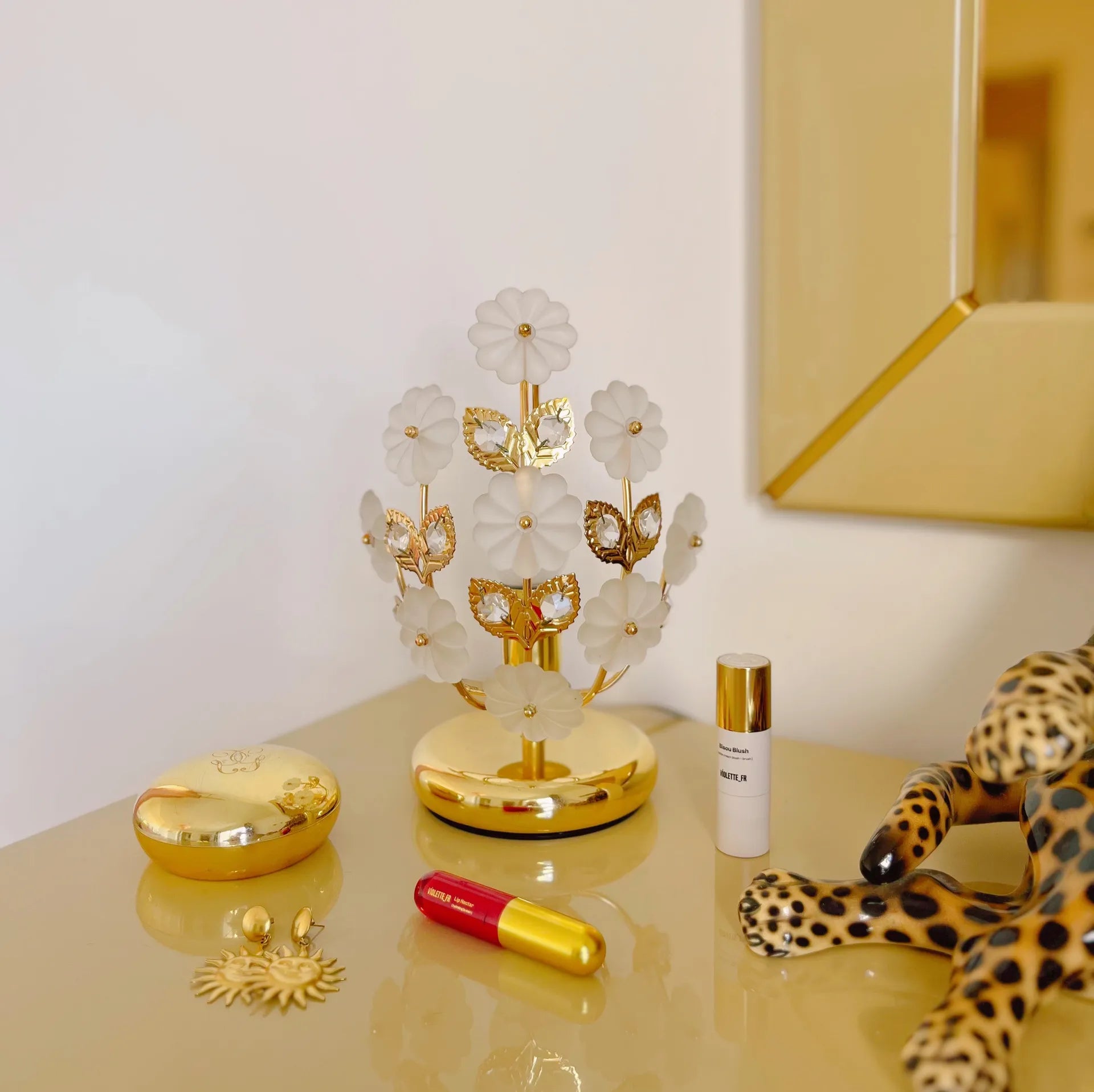 Lampe fleurs en laiton & verre dépoli, made in Italy, années 70 - Club Barbara