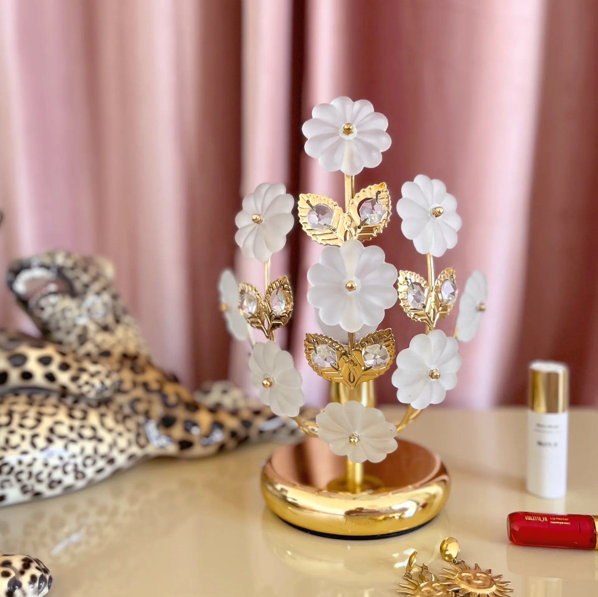 Lampe fleurs en laiton & verre dépoli, made in Italy, années 70 - Club Barbara