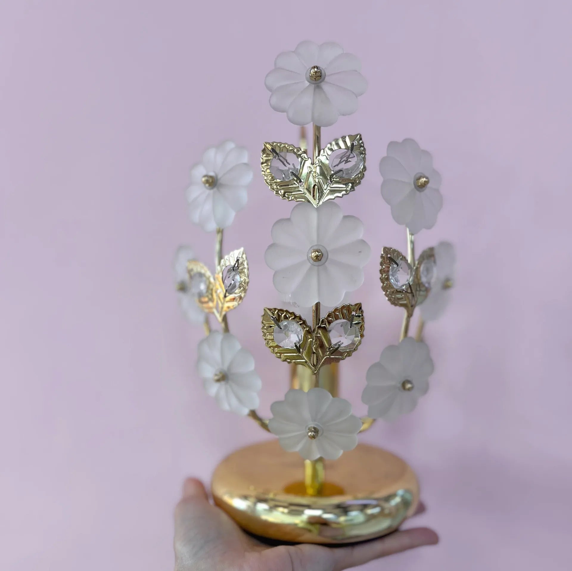 Lampe fleurs en laiton & verre dépoli, made in Italy, années 70 - Club Barbara
