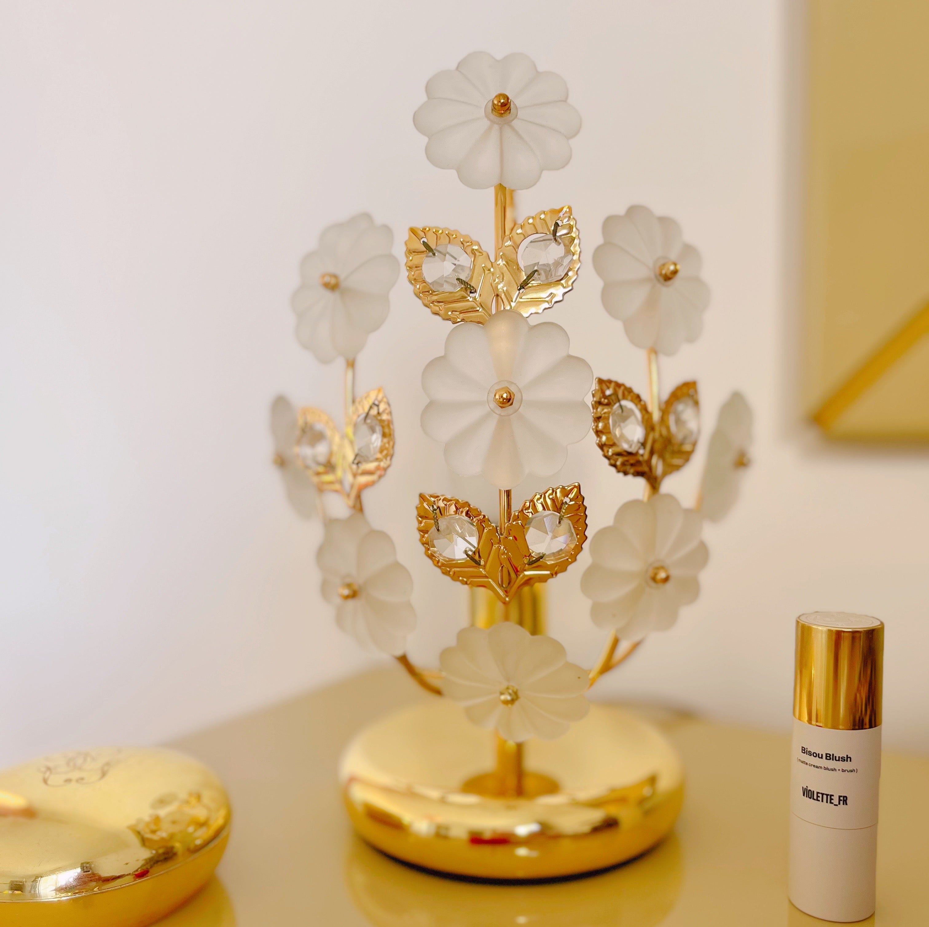 Lampe fleurs en laiton & verre dépoli, made in Italy, années 70