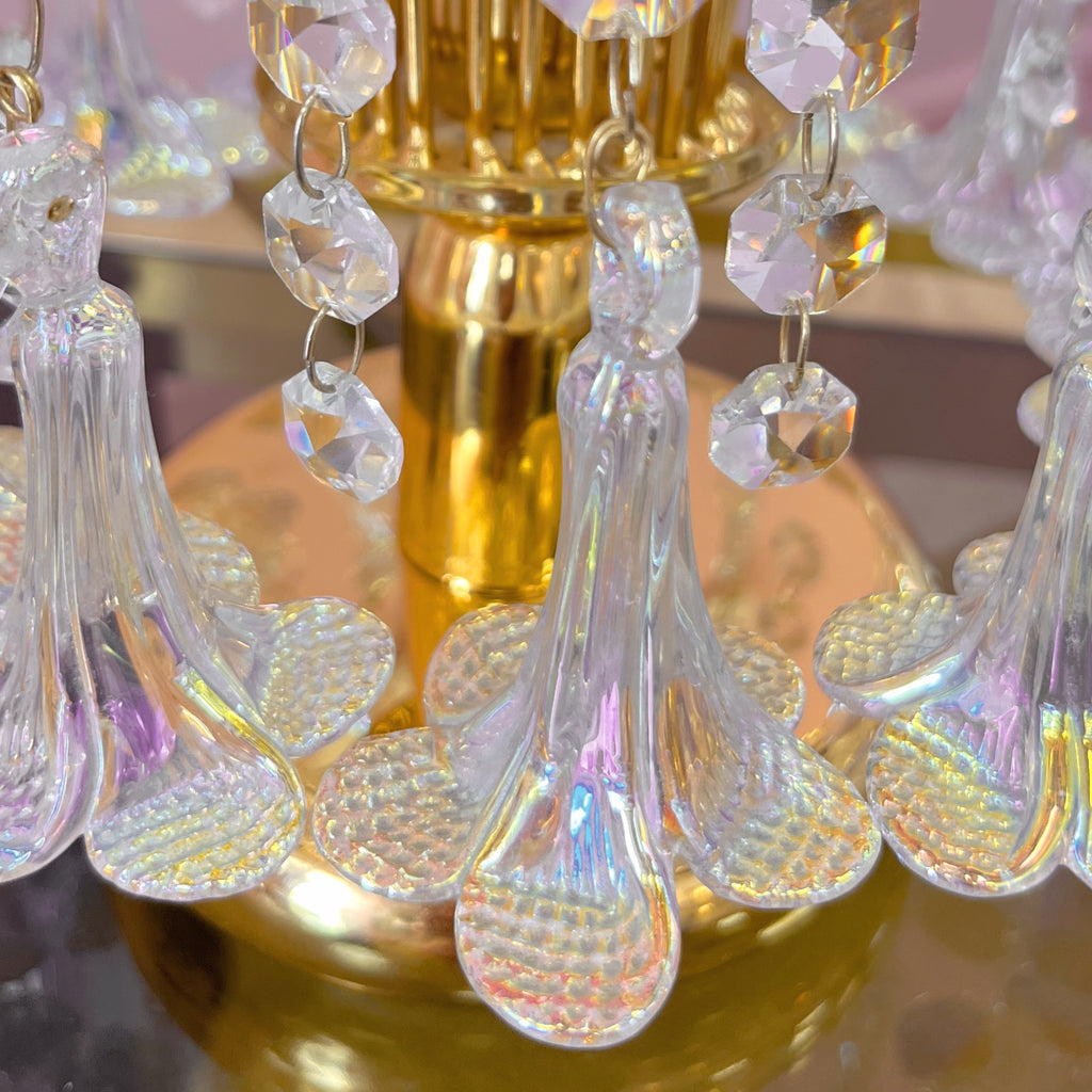 Lampe pampilles & fleurs en verre, Plaqué or 24k, Années 70