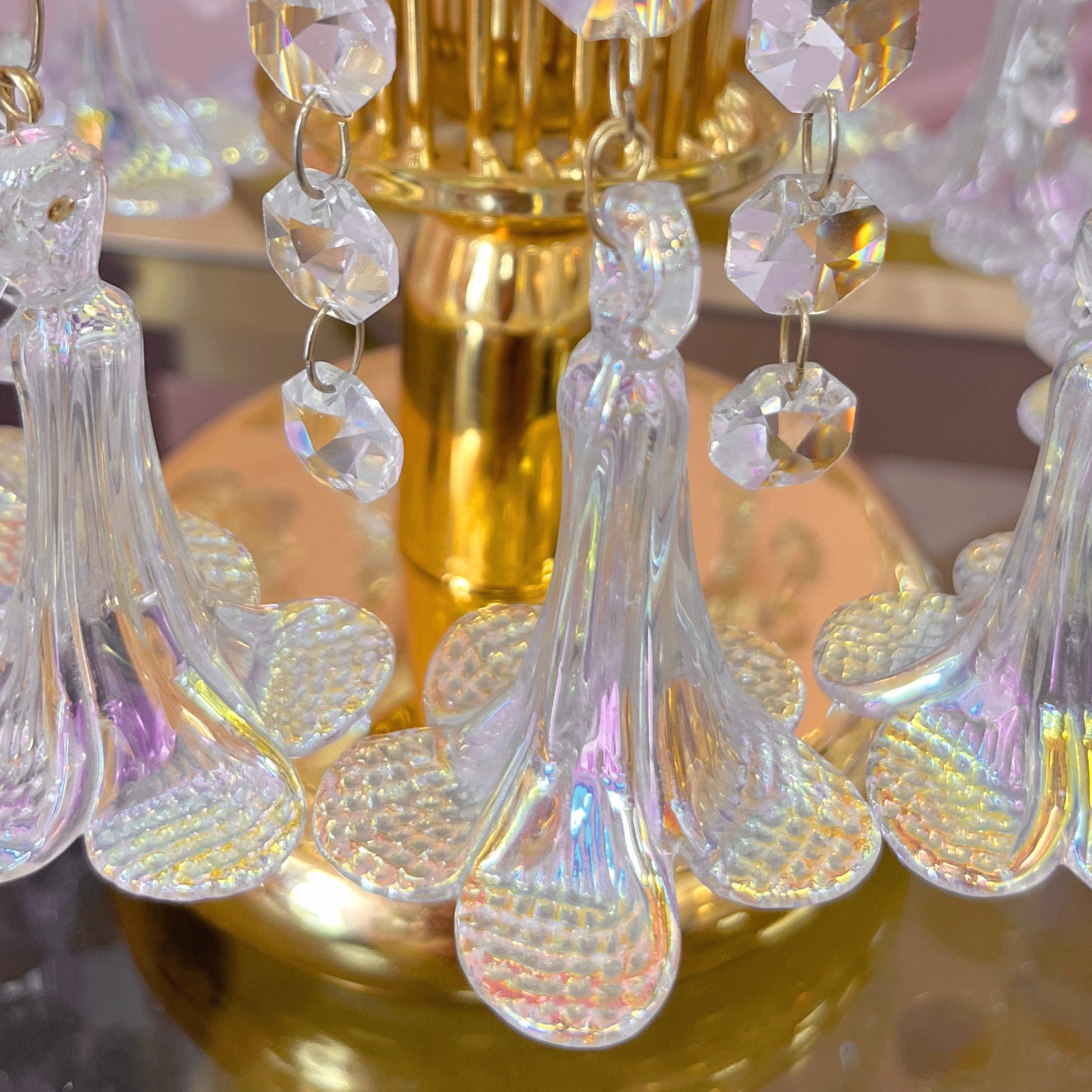 Lampe pampilles & fleurs en verre, Plaqué or 24k, Années 70