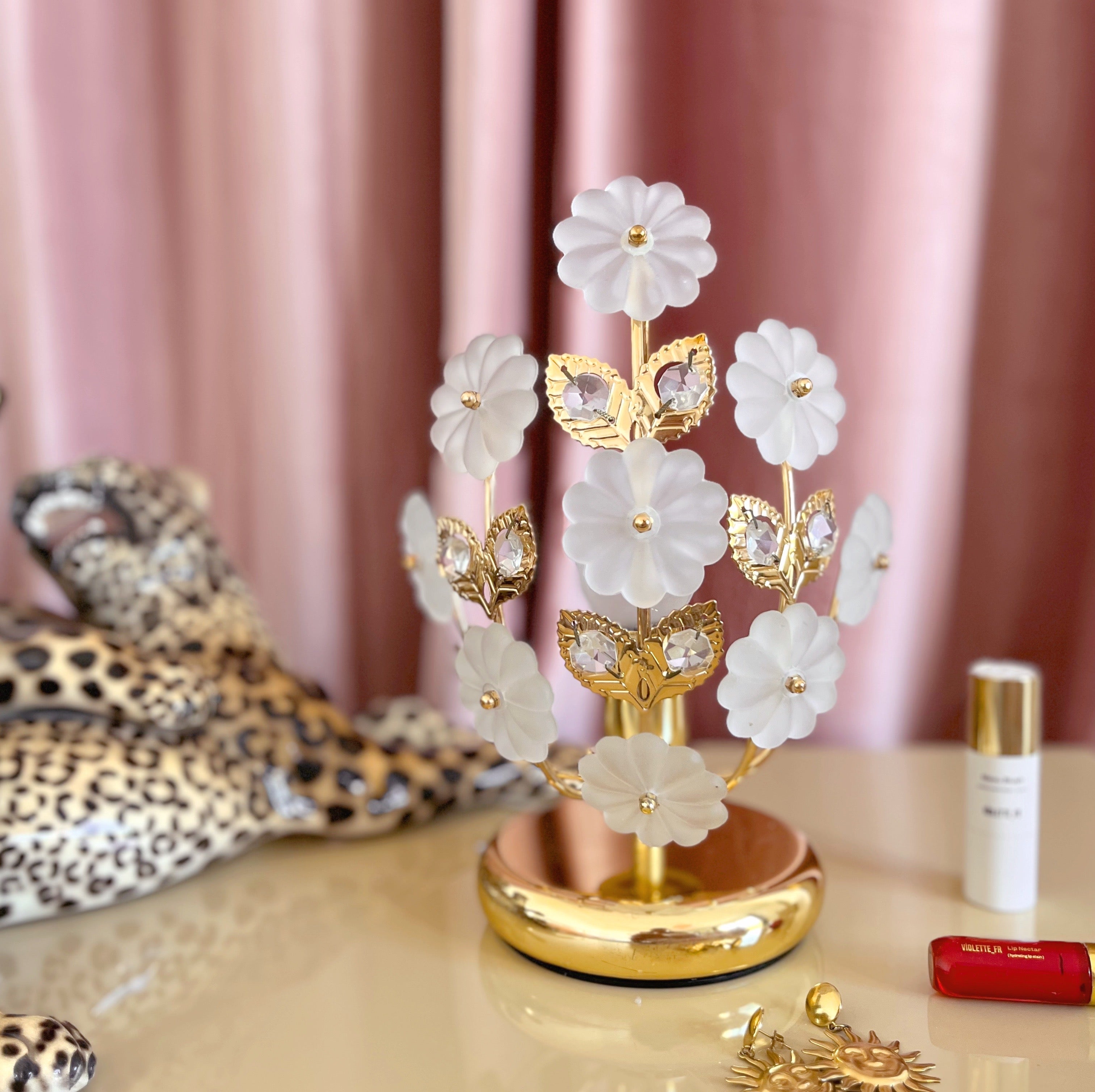 Lampe fleurs en laiton & verre dépoli, made in Italy, années 70