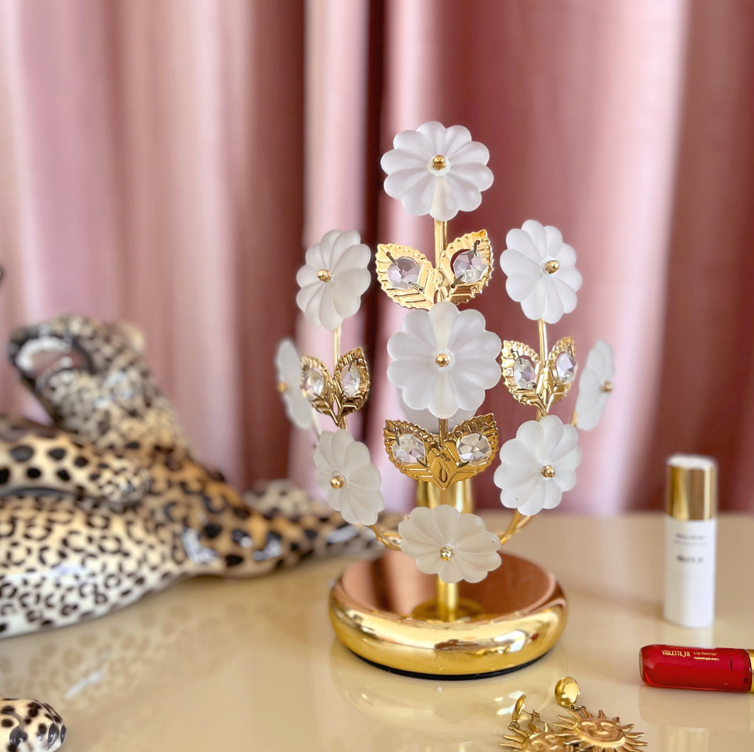 Lampe fleurs en laiton & verre dépoli, made in Italy, années 70