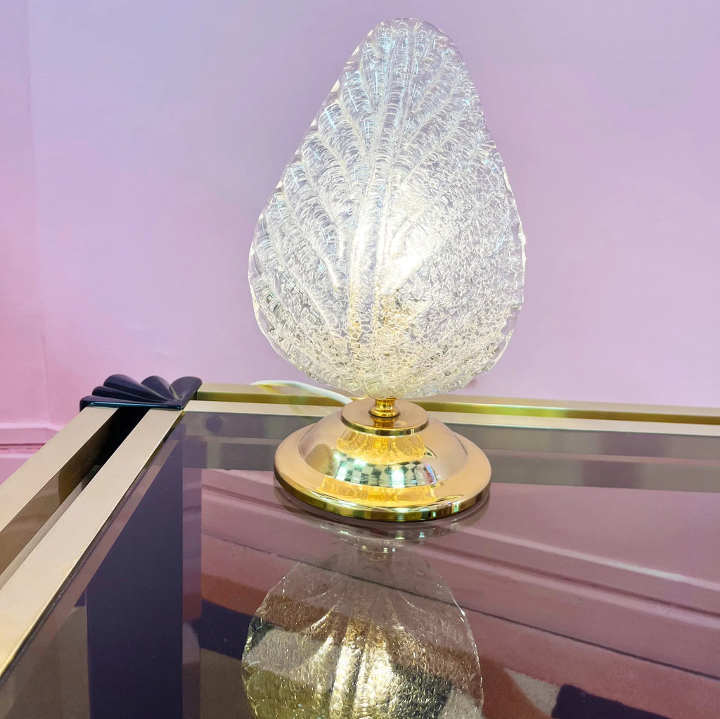 Lampe laiton & feuille en verre texturé – Années 80 - Club Barbara