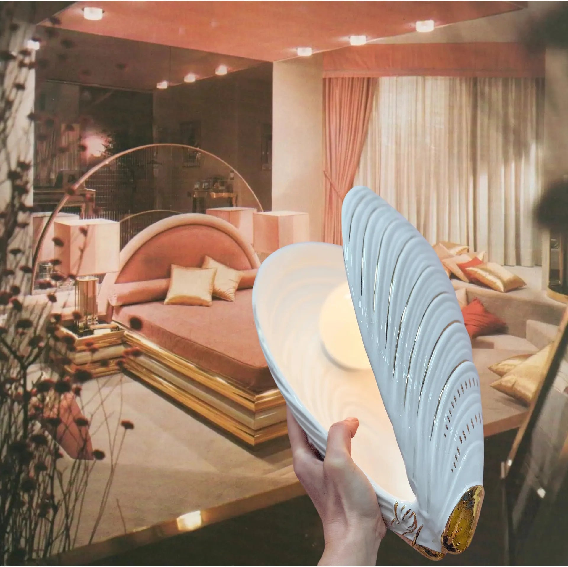 Lampe moule en céramique italienne blanche et dorée, années 70 - Club Barbara
