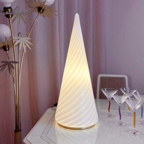 Lampe conique en verre de Murano blanc spiralé années 70 Club Barbara