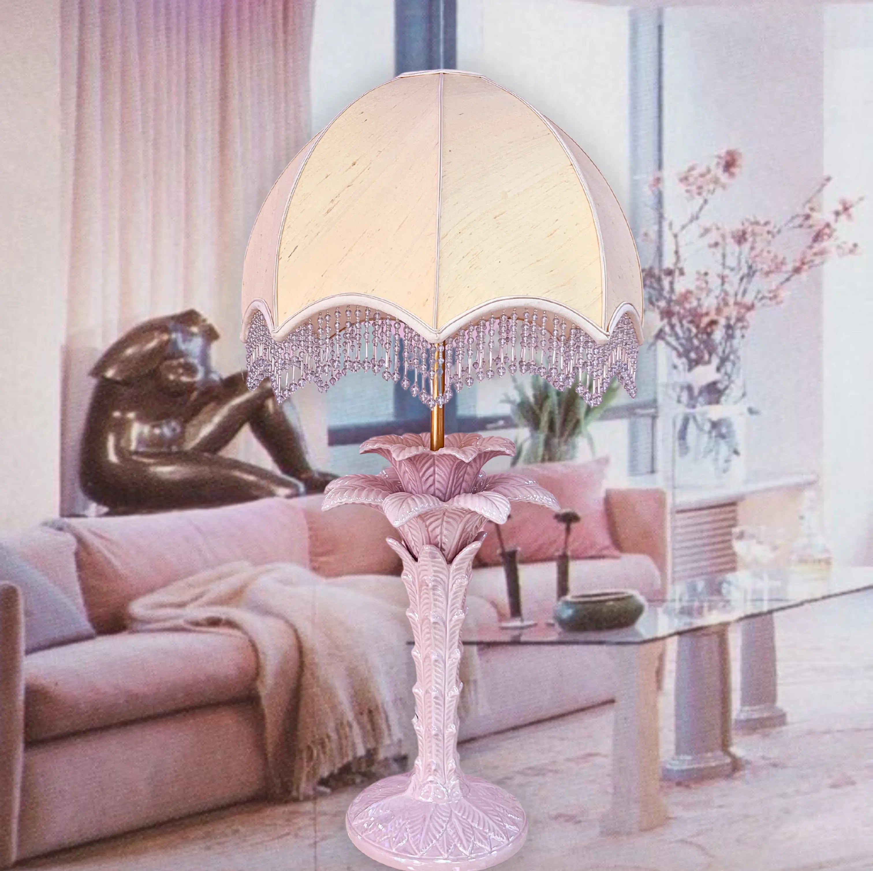 lampe palmier céramique rose vintage Italie
