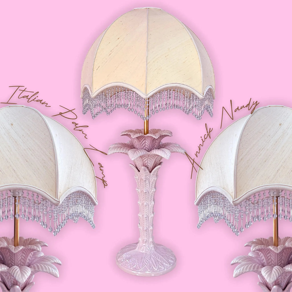 Lampe palmier en céramique nacrée rose, Italie, années 1970, abat-jour dôme Annick Naudy - Club Barbara