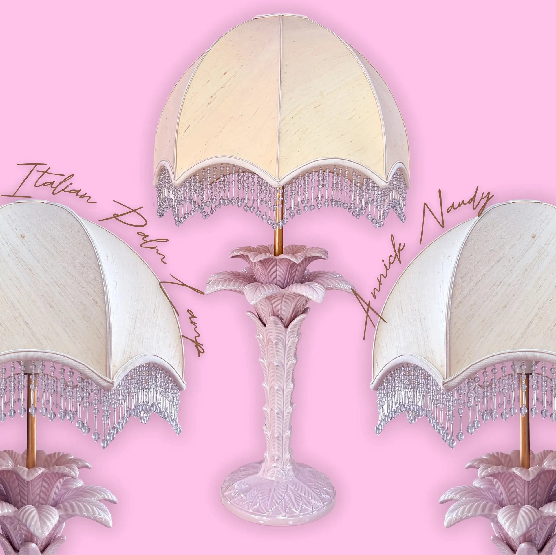 Lampe palmier en céramique nacrée rose, Italie, années 1970, abat-jour dôme Annick Naudy - Club Barbara