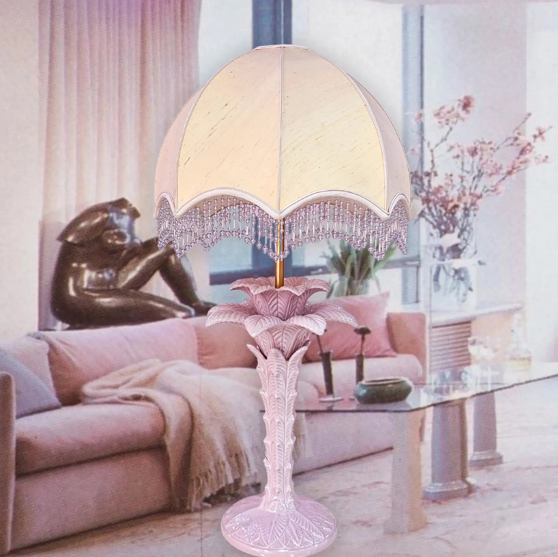 Lampe palmier en céramique nacrée rose, Italie, années 1970, abat-jour dôme Annick Naudy - Club Barbara