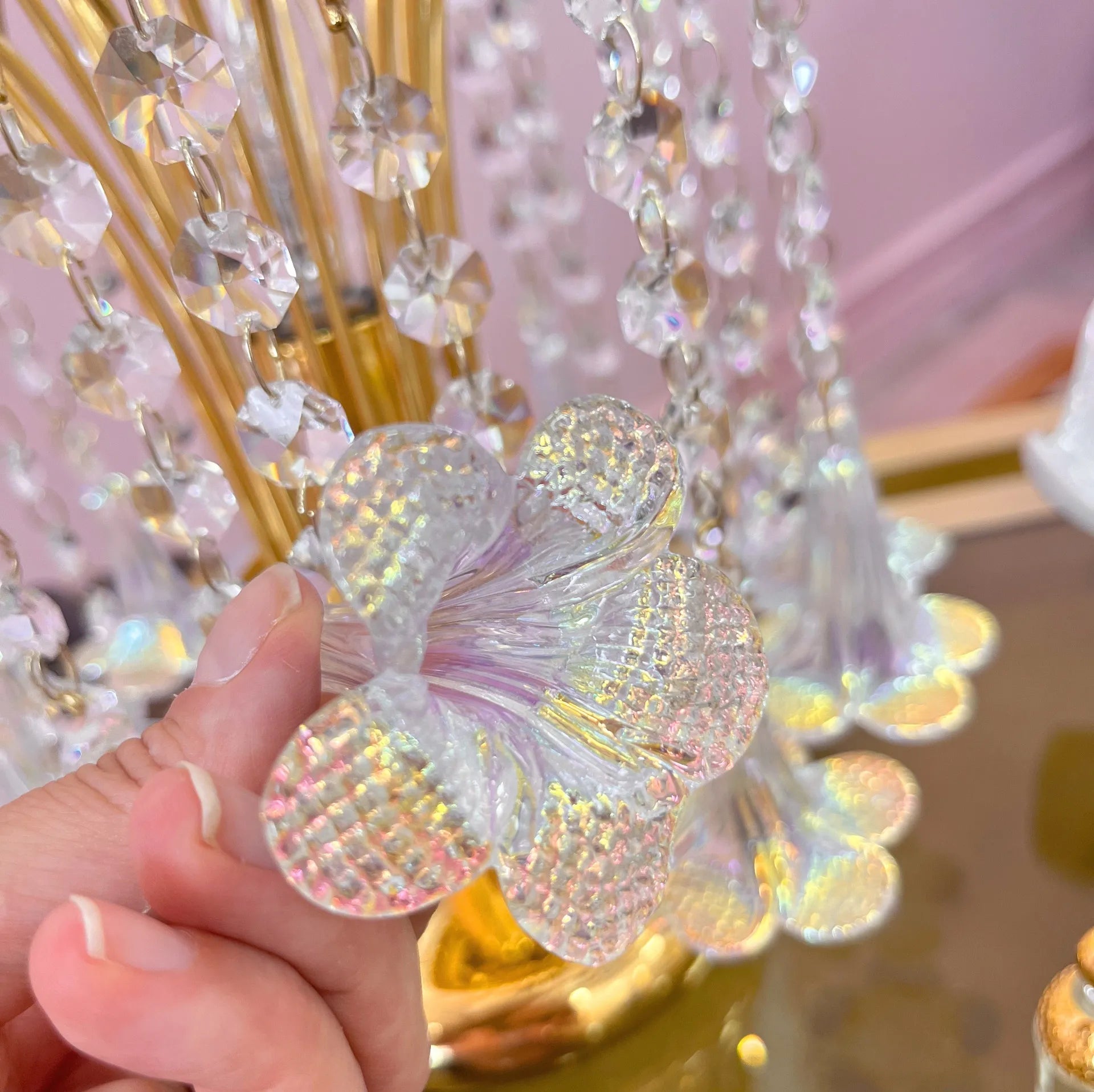 Lampe pampilles & fleurs en verre, Plaqué or 24k, Années 70 - Club Barbara